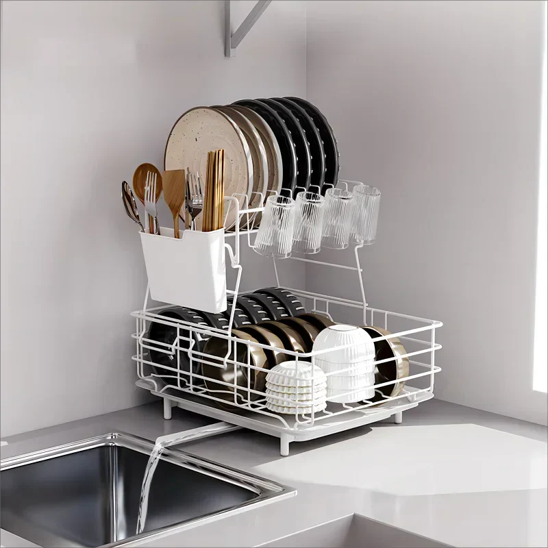 Double Stainless Steel Bowl and Dish Drying Rack for Cleaning