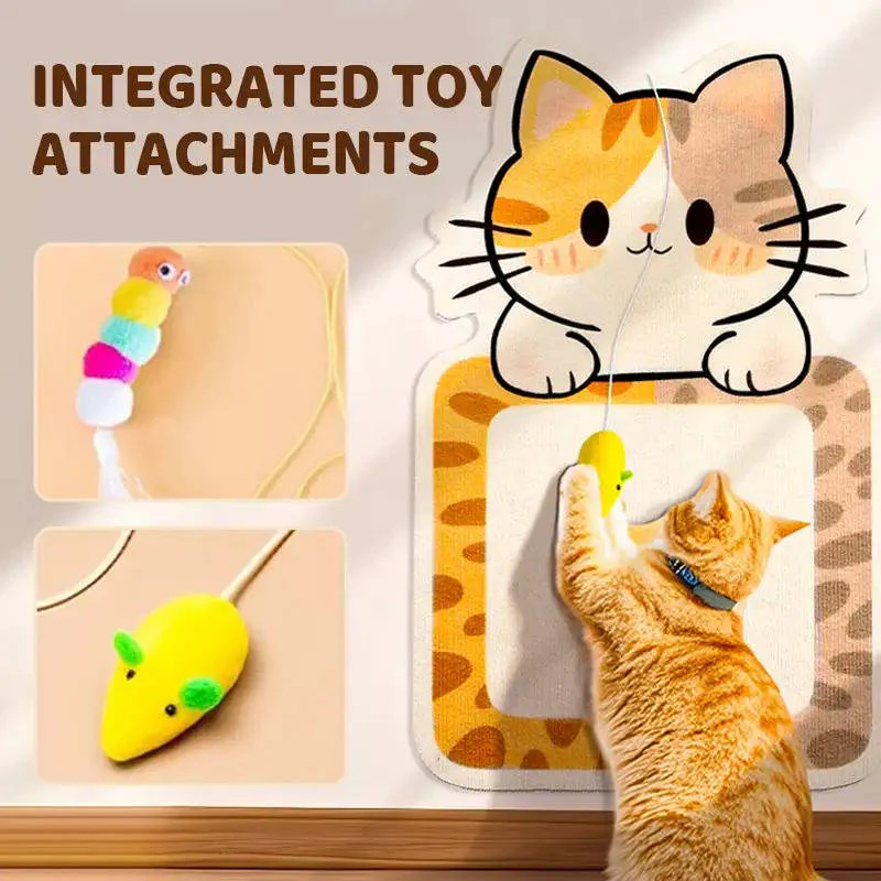 Wandmontierter Katzenkratzbaum mit Spielzeugen