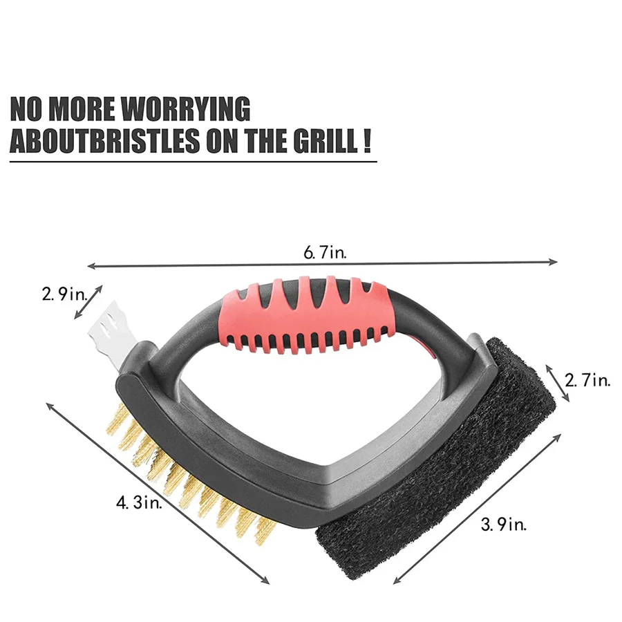 Vielseitige 3-in-1 Grillbürste mit Messingborsten und Schaber