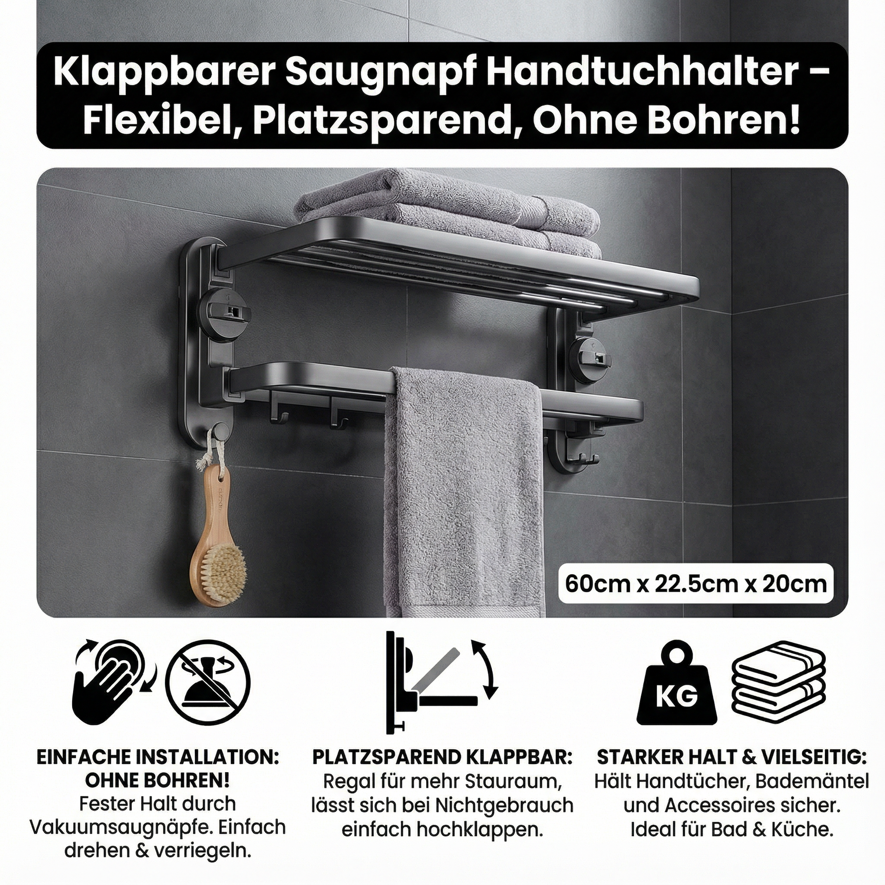 Kompakter Handtuchhalter mit Saugnäpfen – Flexibel und ohne Bohren