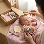 Newborn Gift Set - Crochet Animal Rattle, Wooden Toy, Muslin Blanket & Pacifier Clip