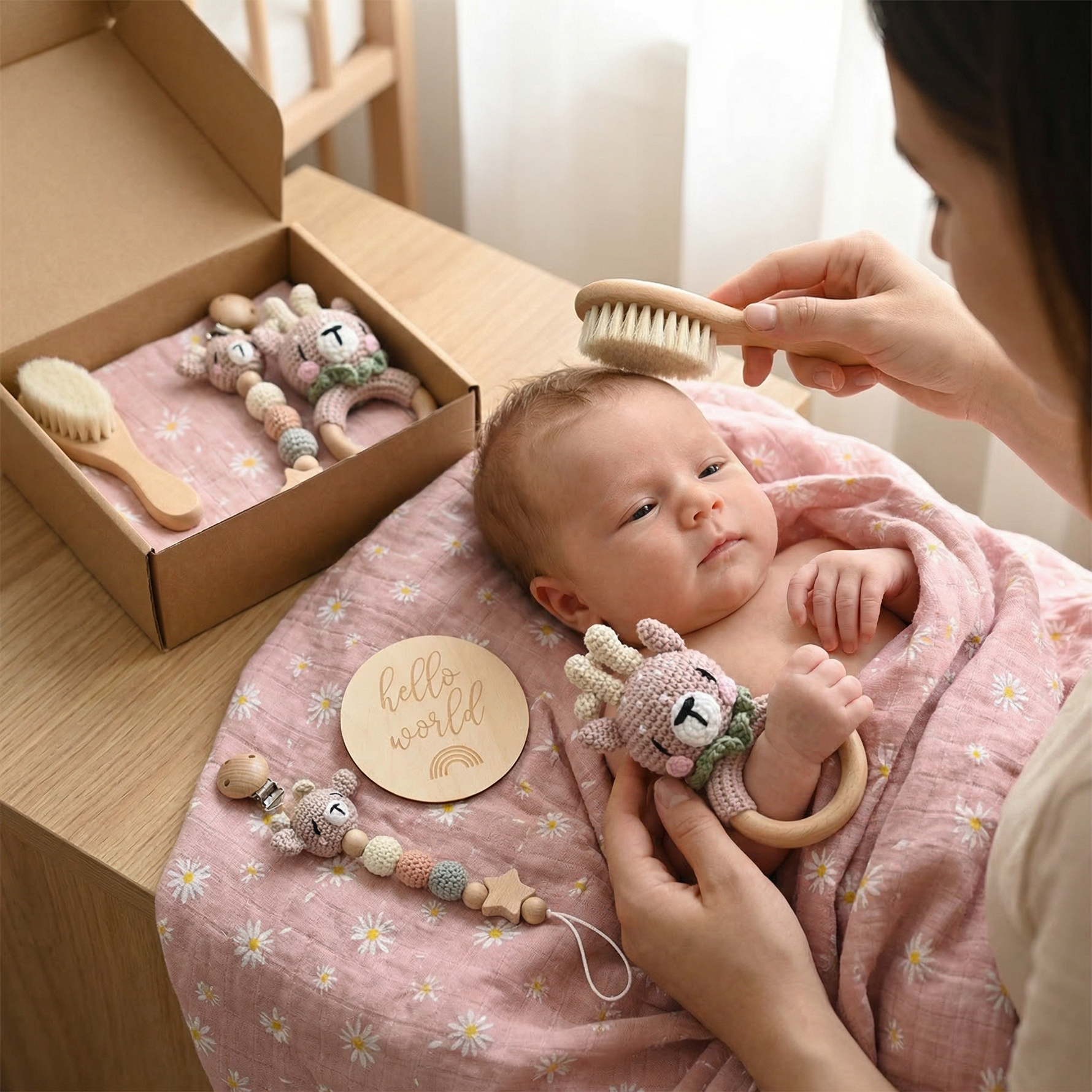 Newborn Gift Set - Crochet Animal Rattle, Wooden Toy, Muslin Blanket & Pacifier Clip