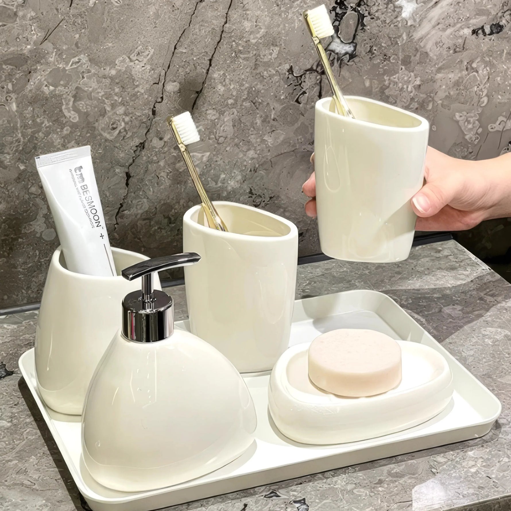 Elegant Bathroom Set with Soap Dispenser and Tumblers