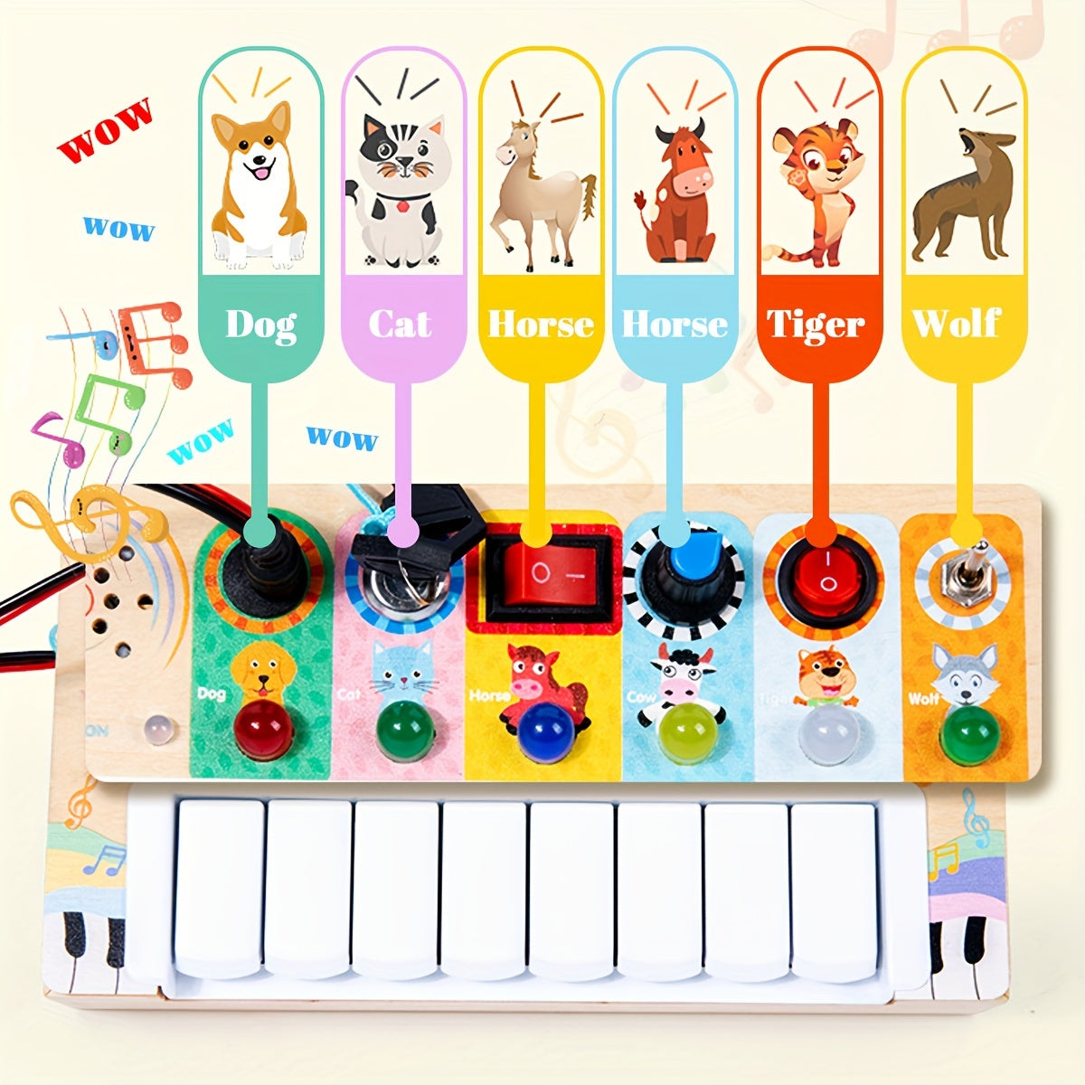 Wooden musical early learning toy with keys and lights