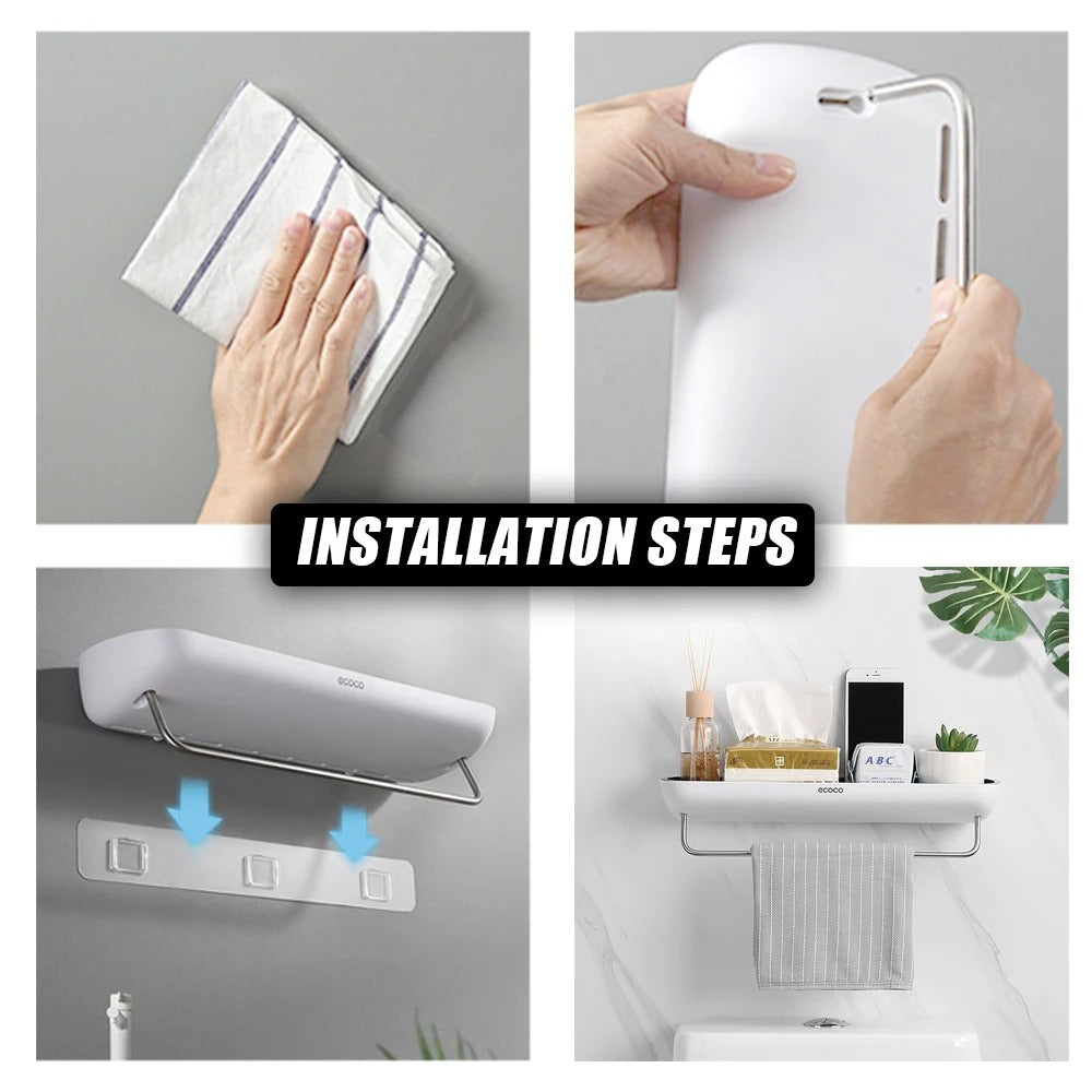 Wall Mounted Shower Caddy No Drilling – With Towel Bar & Drain Holes
