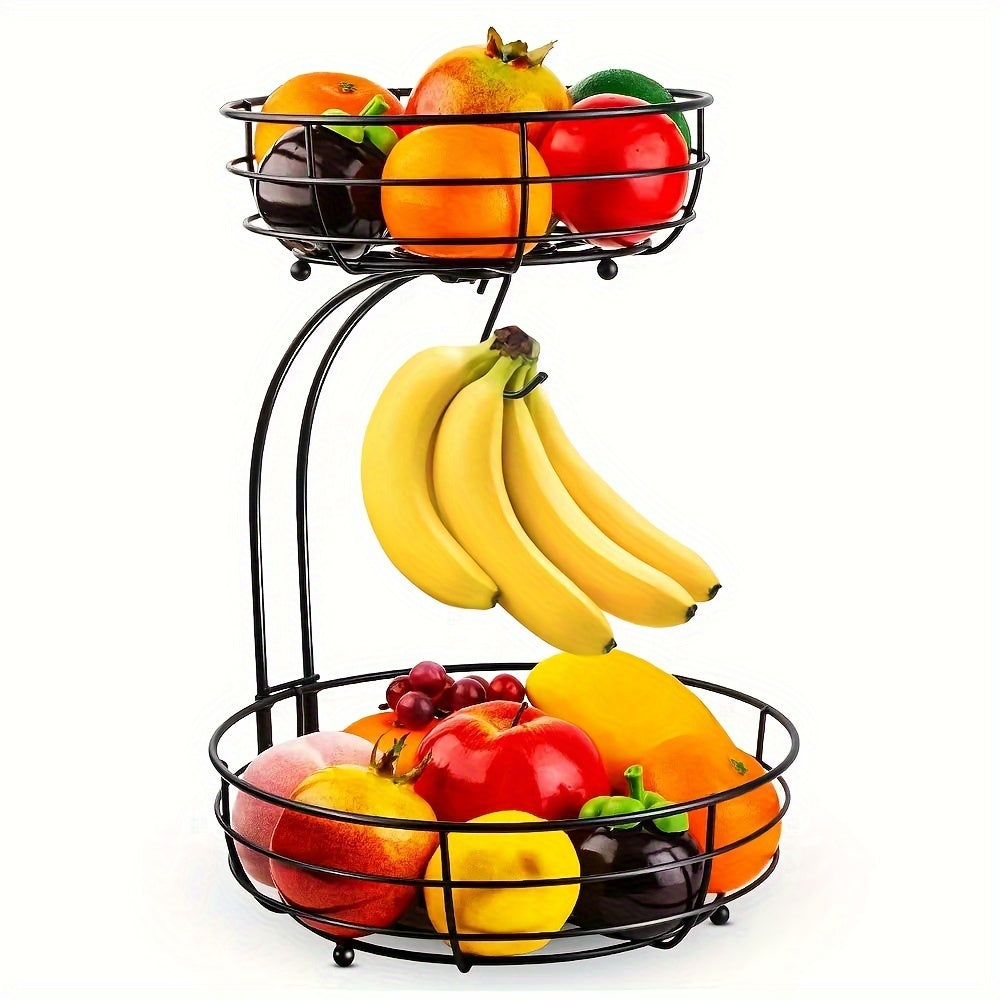 2-Tier Oval Fruit Basket with Banana Holder - Metal Kitchen Organizer