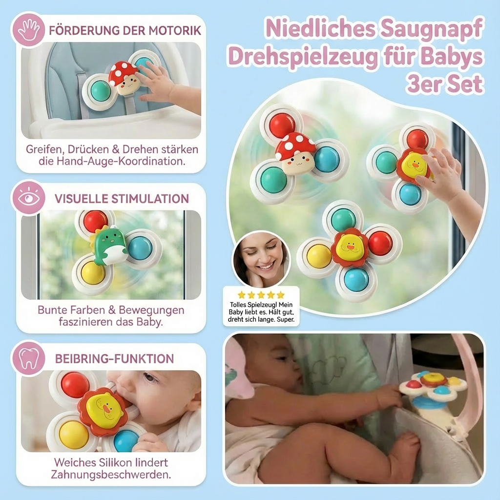 3-piece set of cute suction cup spinning toys for babies
