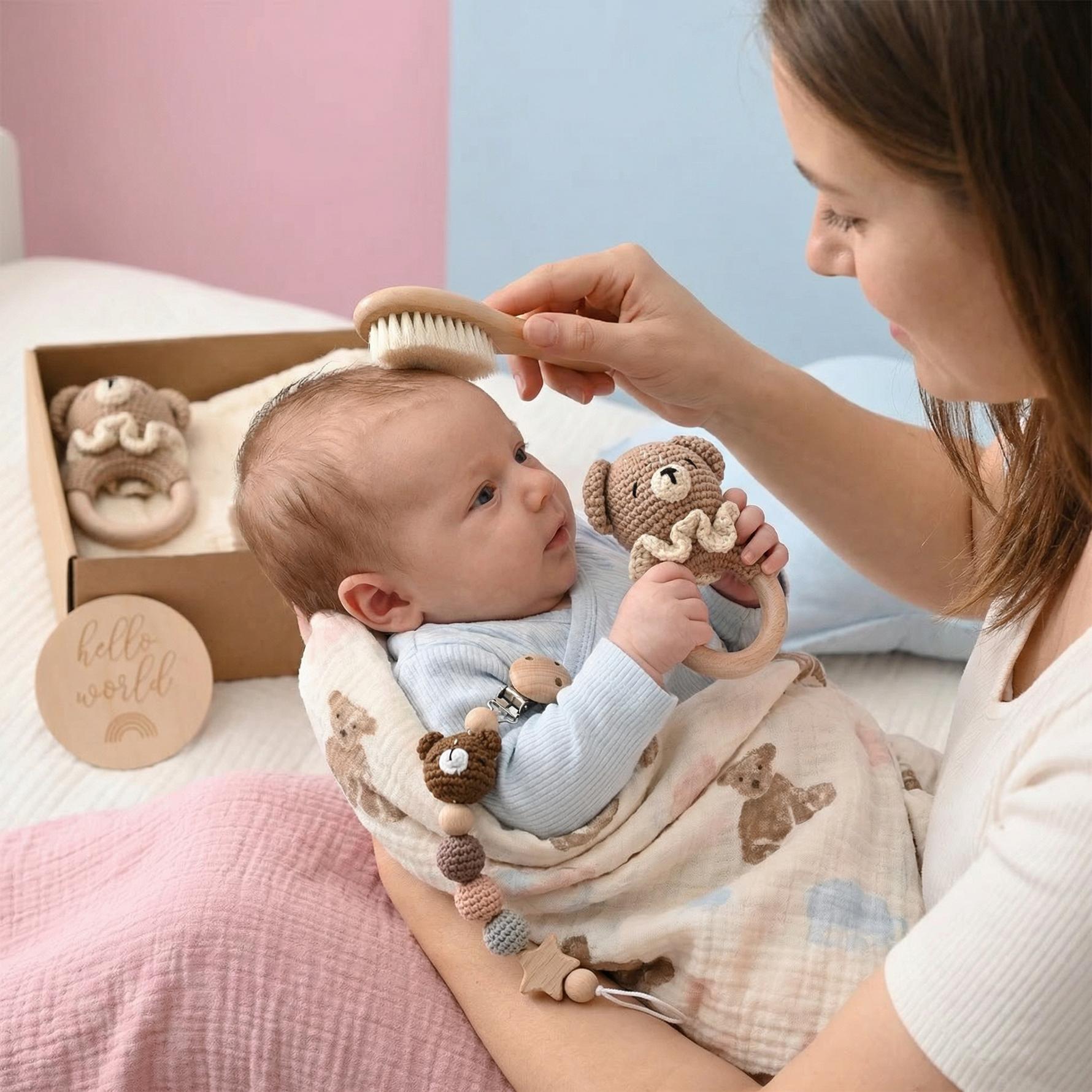 Newborn Gift Set - Crochet Animal Rattle, Wooden Toy, Muslin Blanket & Pacifier Clip