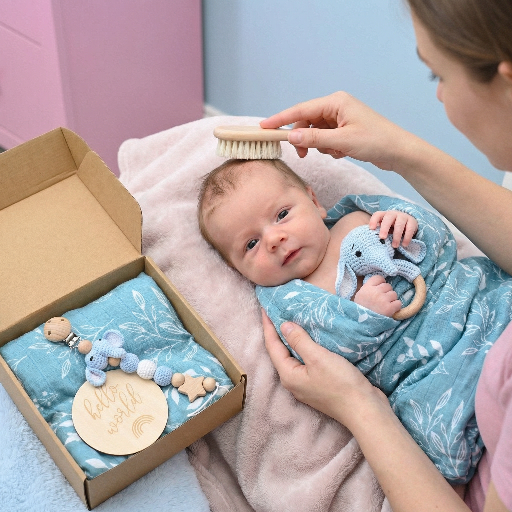 Newborn Gift Set - Crochet Animal Rattle, Wooden Toy, Muslin Blanket & Pacifier Clip