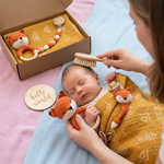 Newborn Gift Set - Crochet Animal Rattle, Wooden Toy, Muslin Blanket & Pacifier Clip