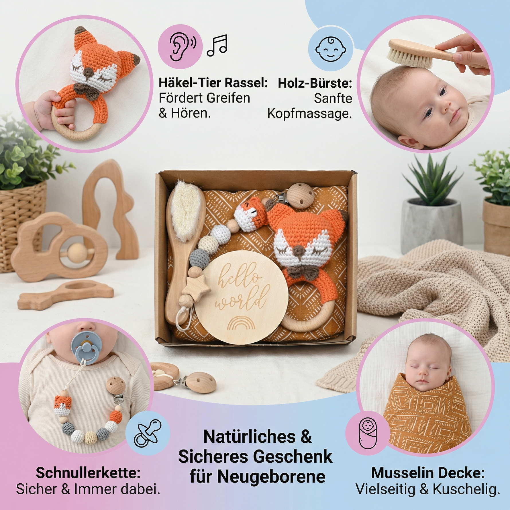 Newborn Gift Set - Crochet Animal Rattle, Wooden Toy, Muslin Blanket & Pacifier Clip