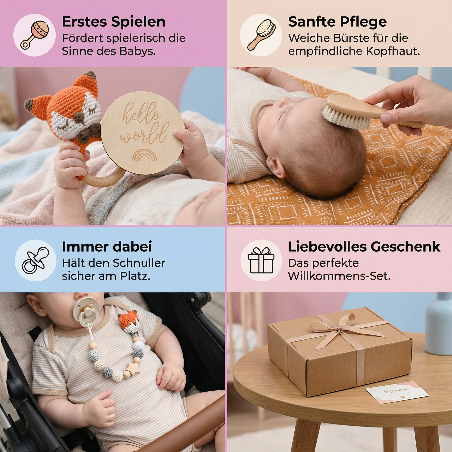 Newborn Gift Set - Crochet Animal Rattle, Wooden Toy, Muslin Blanket & Pacifier Clip