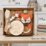 Newborn Gift Set - Crochet Animal Rattle, Wooden Toy, Muslin Blanket & Pacifier Clip