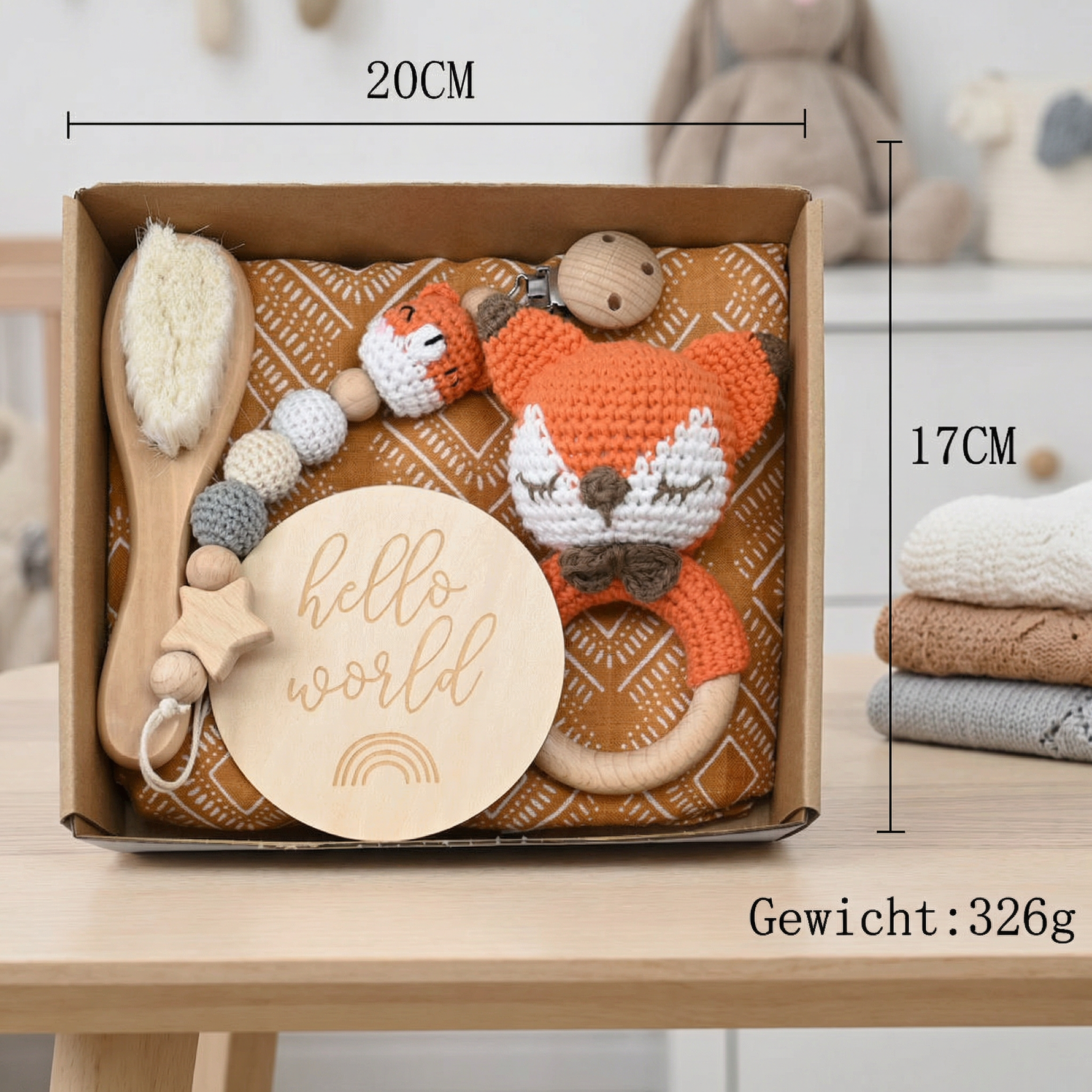 Newborn Gift Set - Crochet Animal Rattle, Wooden Toy, Muslin Blanket & Pacifier Clip