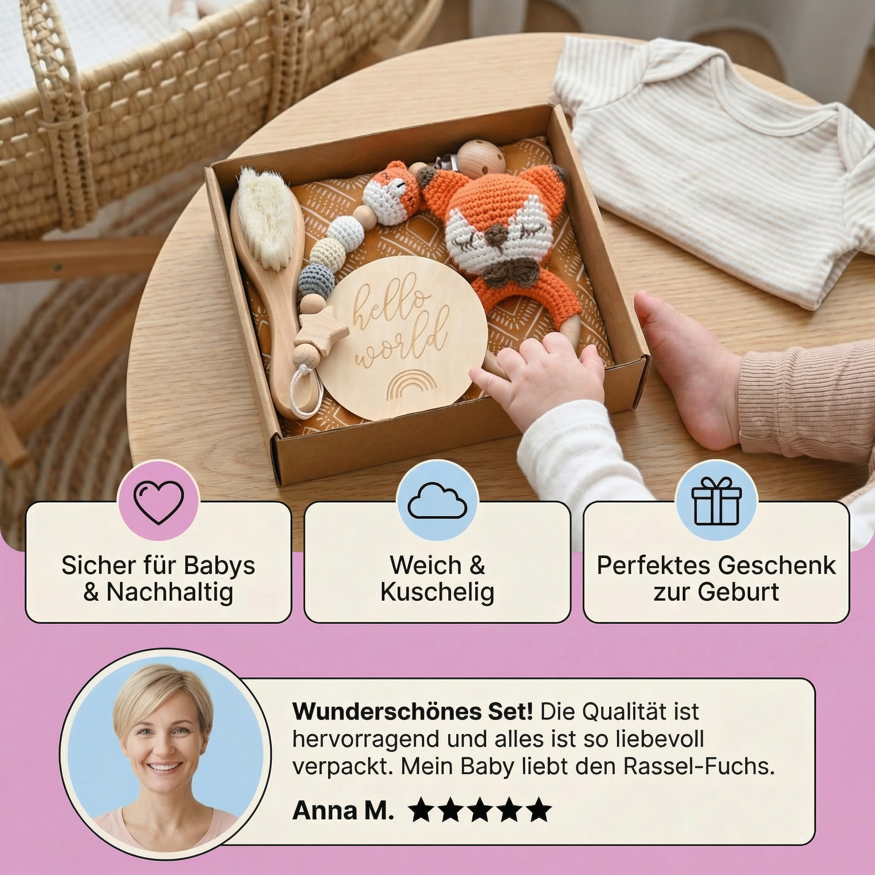 Newborn Gift Set - Crochet Animal Rattle, Wooden Toy, Muslin Blanket & Pacifier Clip