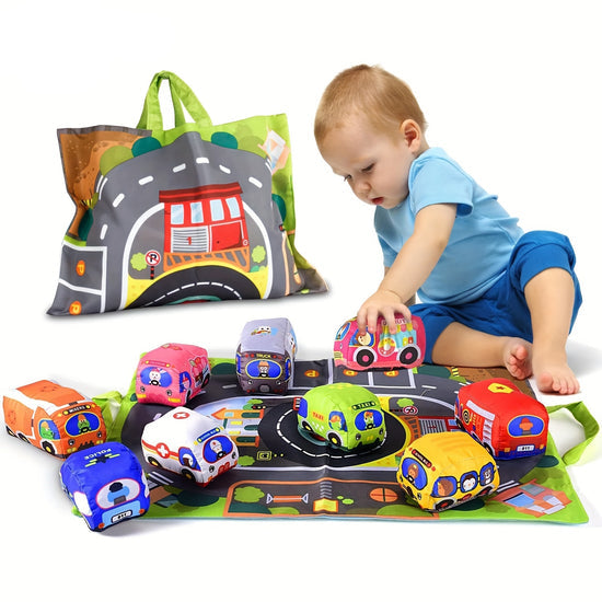 Plush Toy Cars with Road Mat and Carrying Bag – 2in1