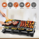 Electric grill with reversible non-stick plate and raclette dishes for indoor cooking