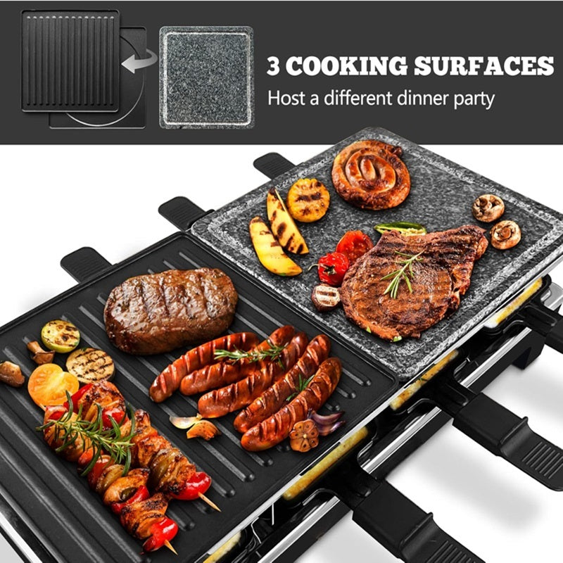 Electric grill with reversible non-stick plate and raclette dishes for indoor cooking