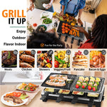 Electric grill with reversible non-stick plate and raclette dishes for indoor cooking