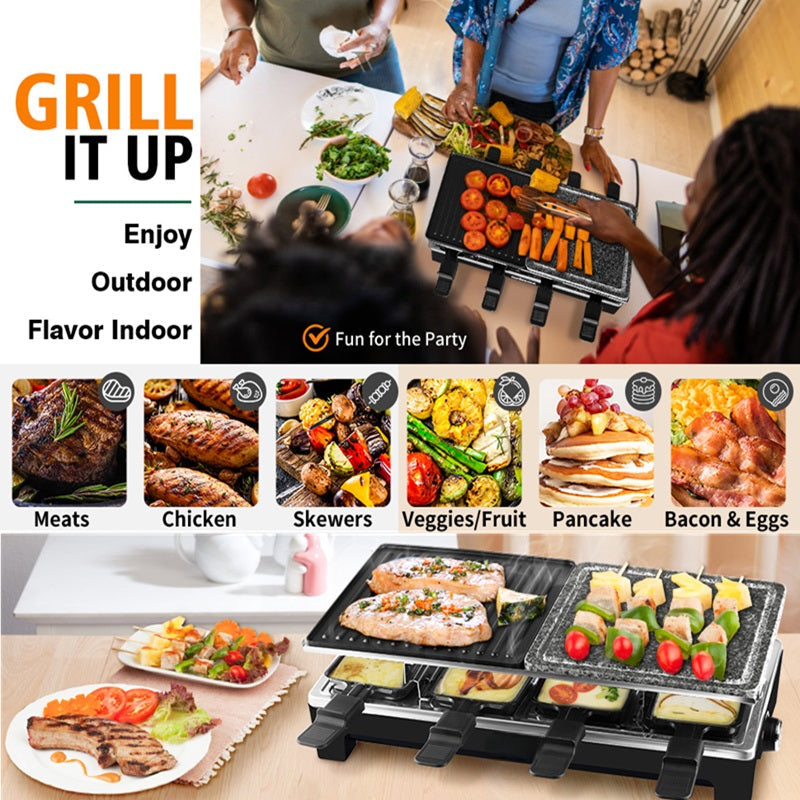 Electric grill with reversible non-stick plate and raclette dishes for indoor cooking