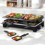 Electric grill with reversible non-stick plate and raclette dishes for indoor cooking