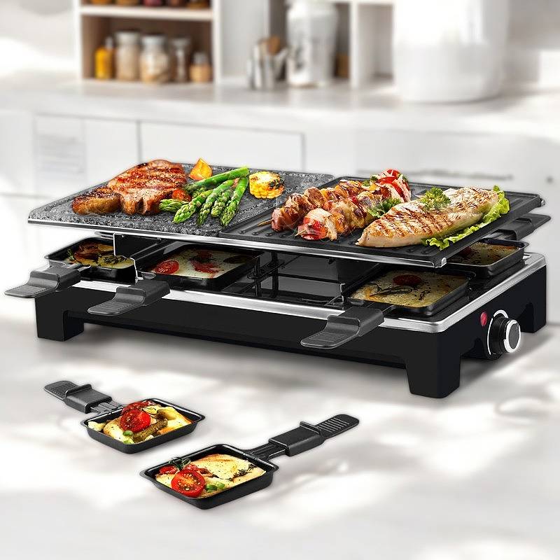 Electric grill with reversible non-stick plate and raclette dishes for indoor cooking
