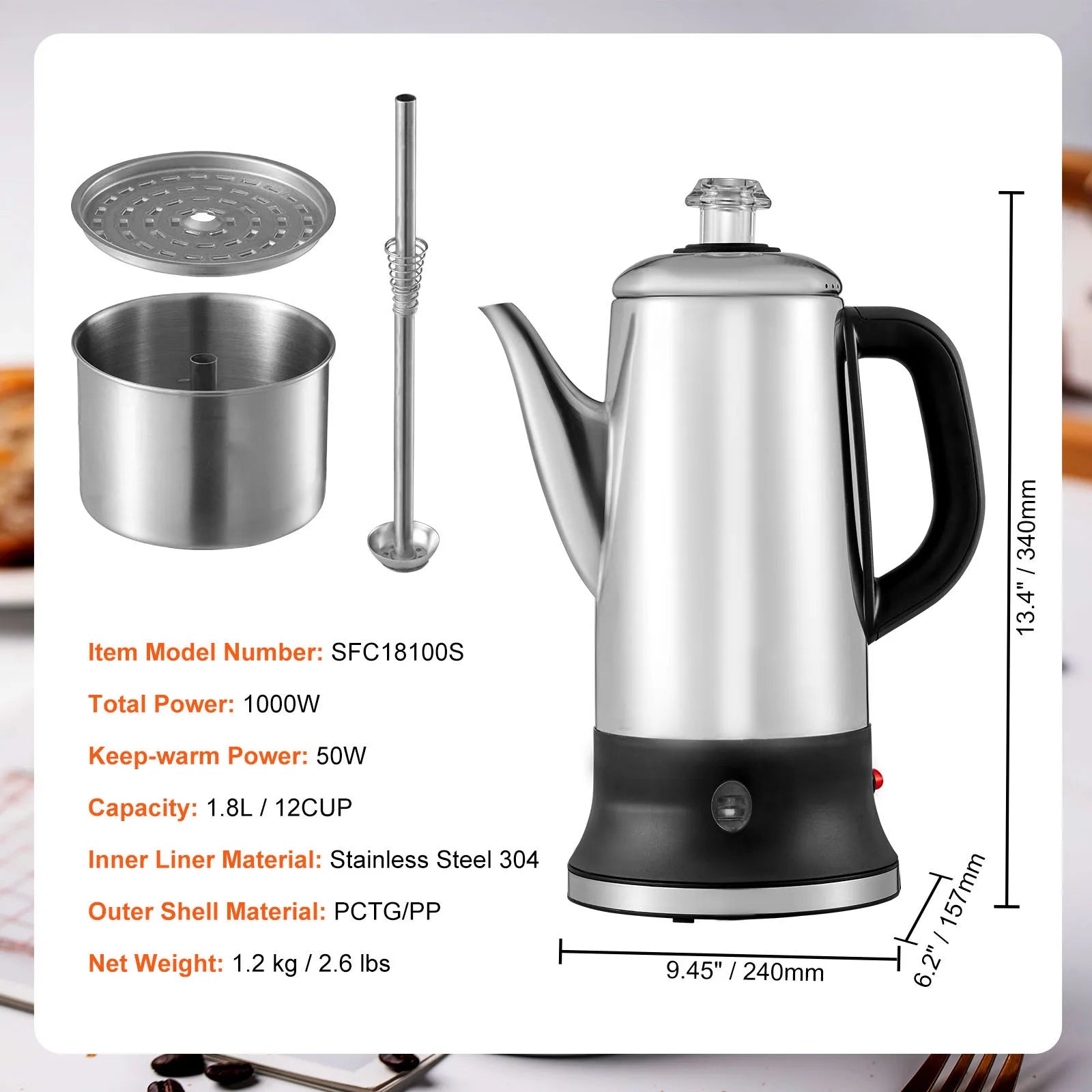 Electric Stainless Steel Coffee Maker with Keep-Warm Function