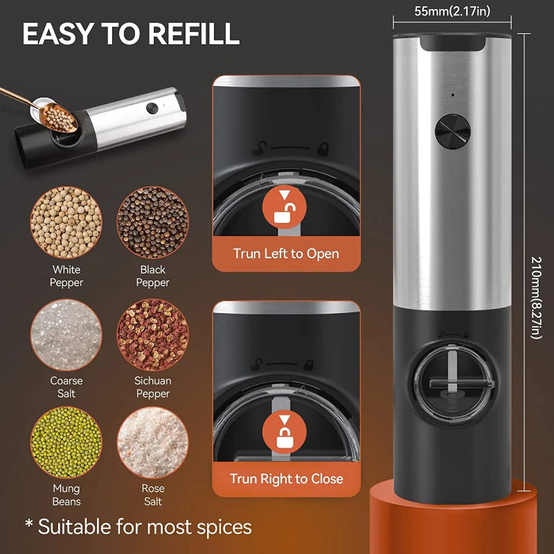 Automatic Spice Grinder Set with USB Rechargeable - Salt and Pepper Mill