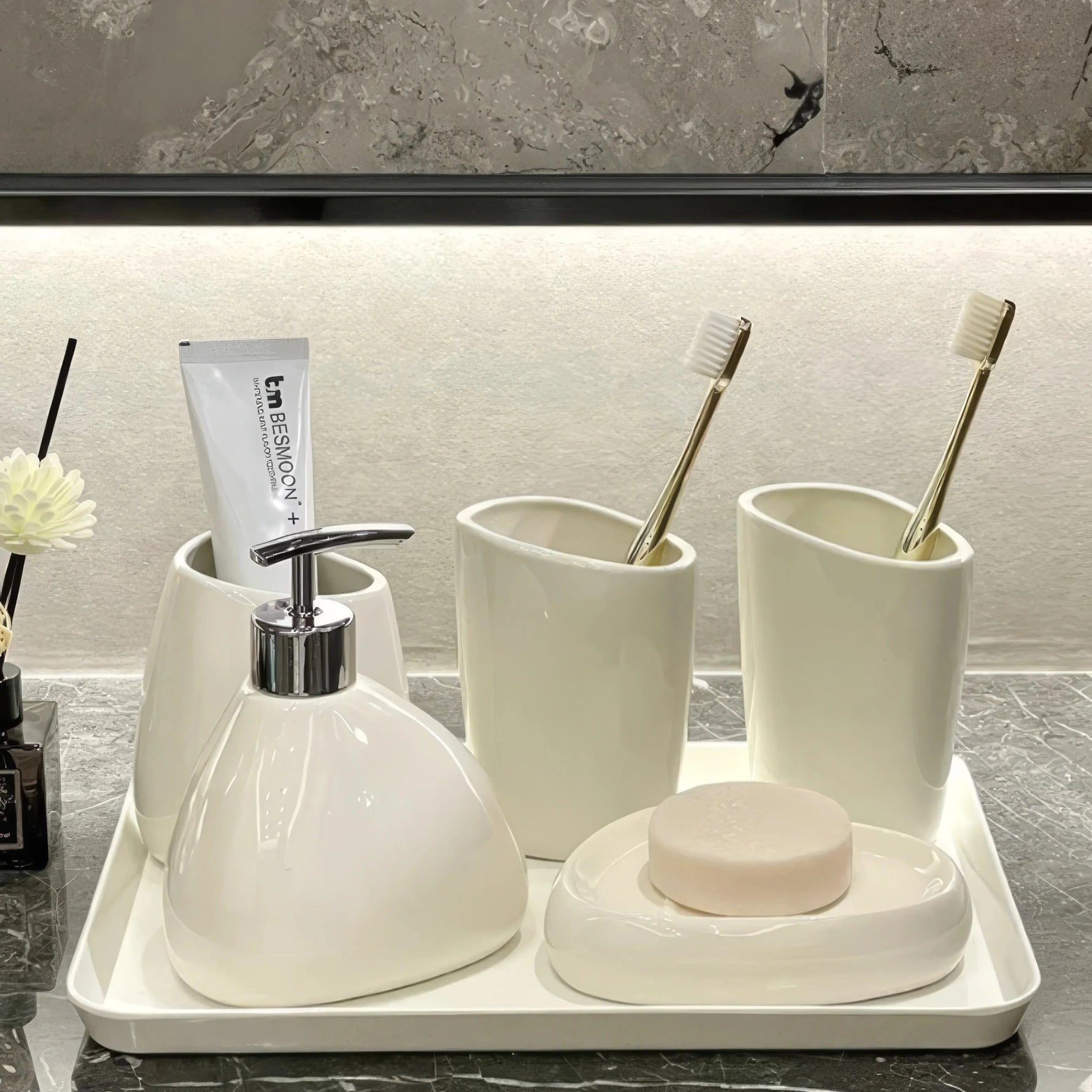 Elegant Bathroom Set with Soap Dispenser and Tumblers