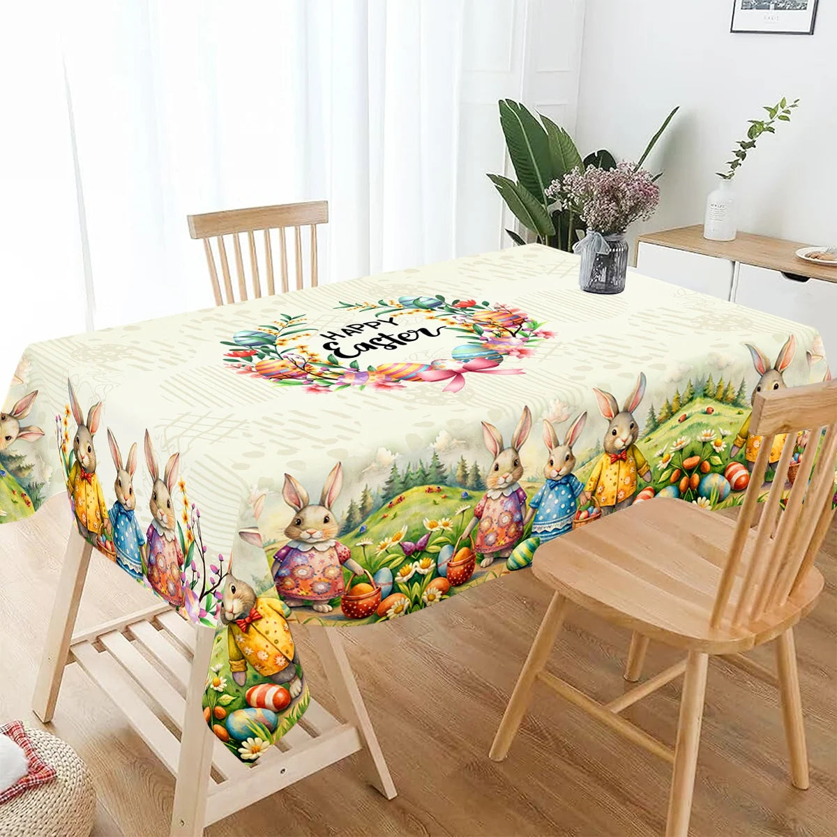 Festlicher Tischläufer für Ostern | Charmante Hasen- und Blumenmuster