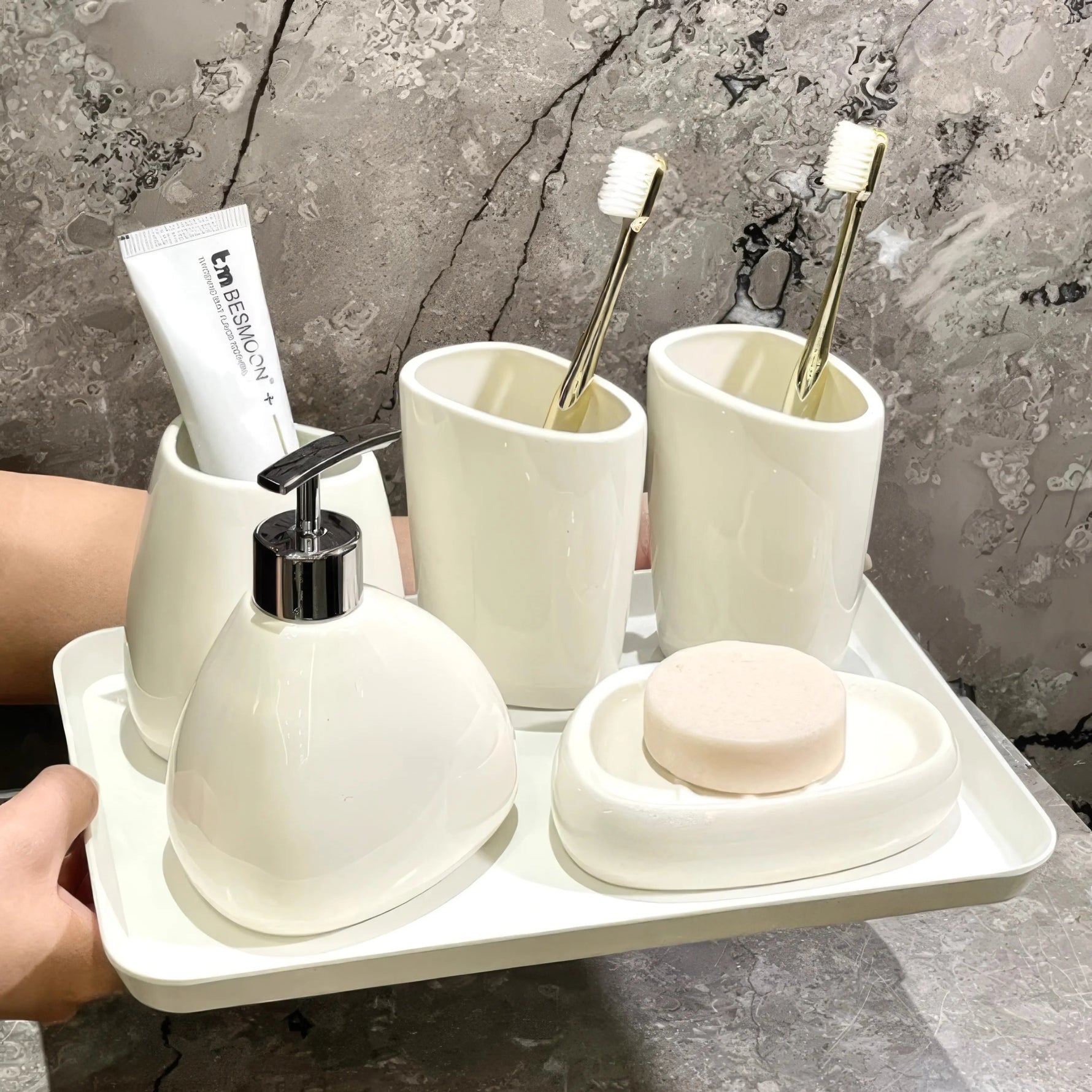 Elegant Bathroom Set with Soap Dispenser and Tumblers