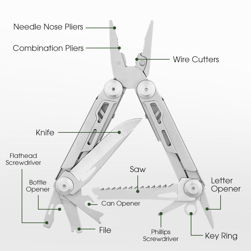 Vielseitiges 12-in-1 Klapp-Multitool mit Zangenfunktion – Edelstahl