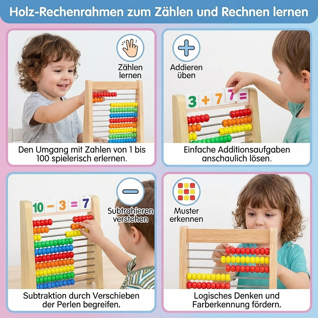 Wooden abacus for learning arithmetic skills