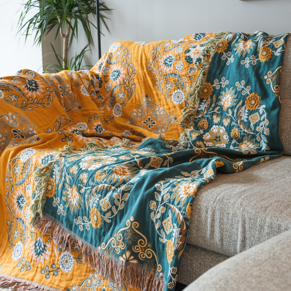 Umkehrbare skandinavische Blüten-Decke – Elegante Baumwolldecke