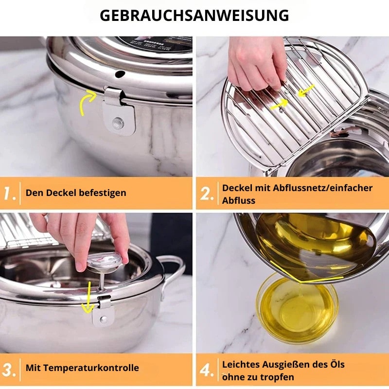 Edelstahl-Fritteuse mit Thermometer für perfekte Bratergebnisse