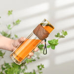 Thermo Bottle with Tea Filter – Glass & Wood – Double Walled – 500 ml – Clear