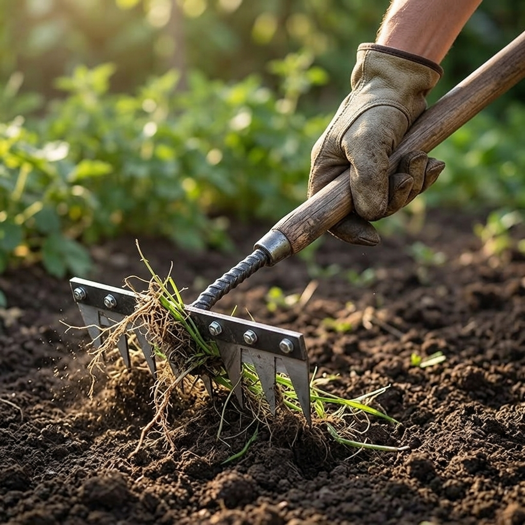 Carbon steel weeding rake with pointed tines