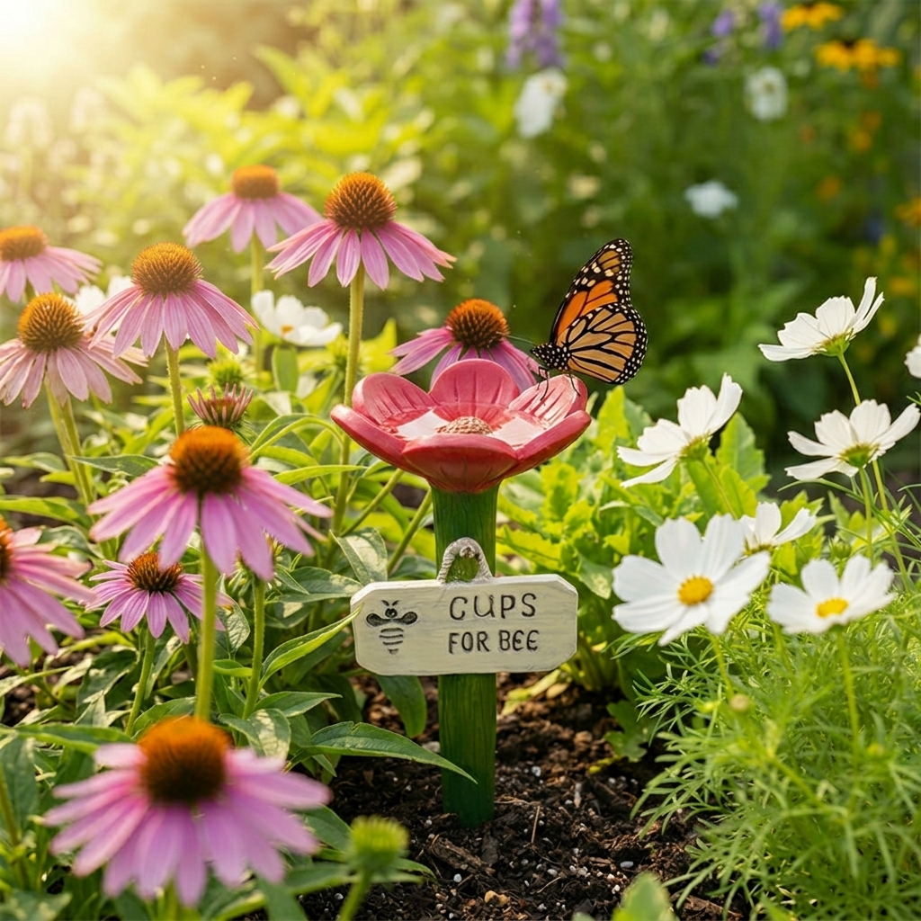 Flowering Drinking Vessel for Bees and Butterflies – Hand-decorated for Your Garden
