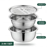 Versatile Stainless Steel Bowl Set with Grater and Sieve – 3-in-1 Solution