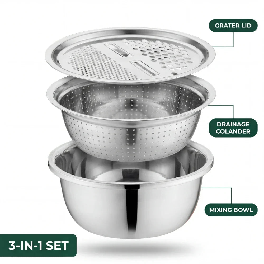 Versatile Stainless Steel Bowl Set with Grater and Sieve – 3-in-1 Solution