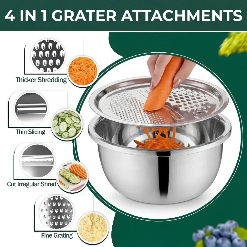 Versatile Stainless Steel Bowl Set with Grater and Sieve – 3-in-1 Solution