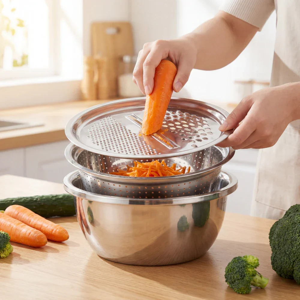 Versatile Stainless Steel Bowl Set with Grater and Sieve – 3-in-1 Solution