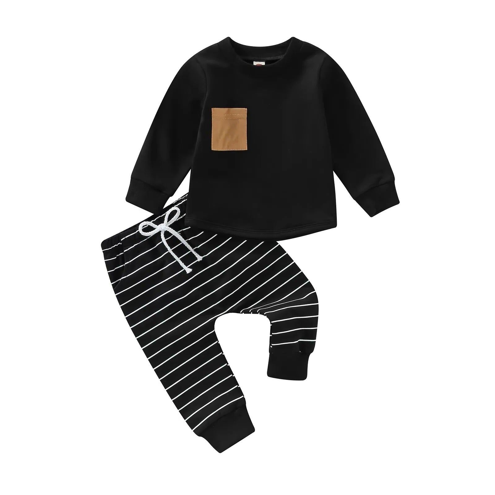 Bequeme Herbstgarderobe für Kleinkinder: Pullover und gestreifte Hose im Set