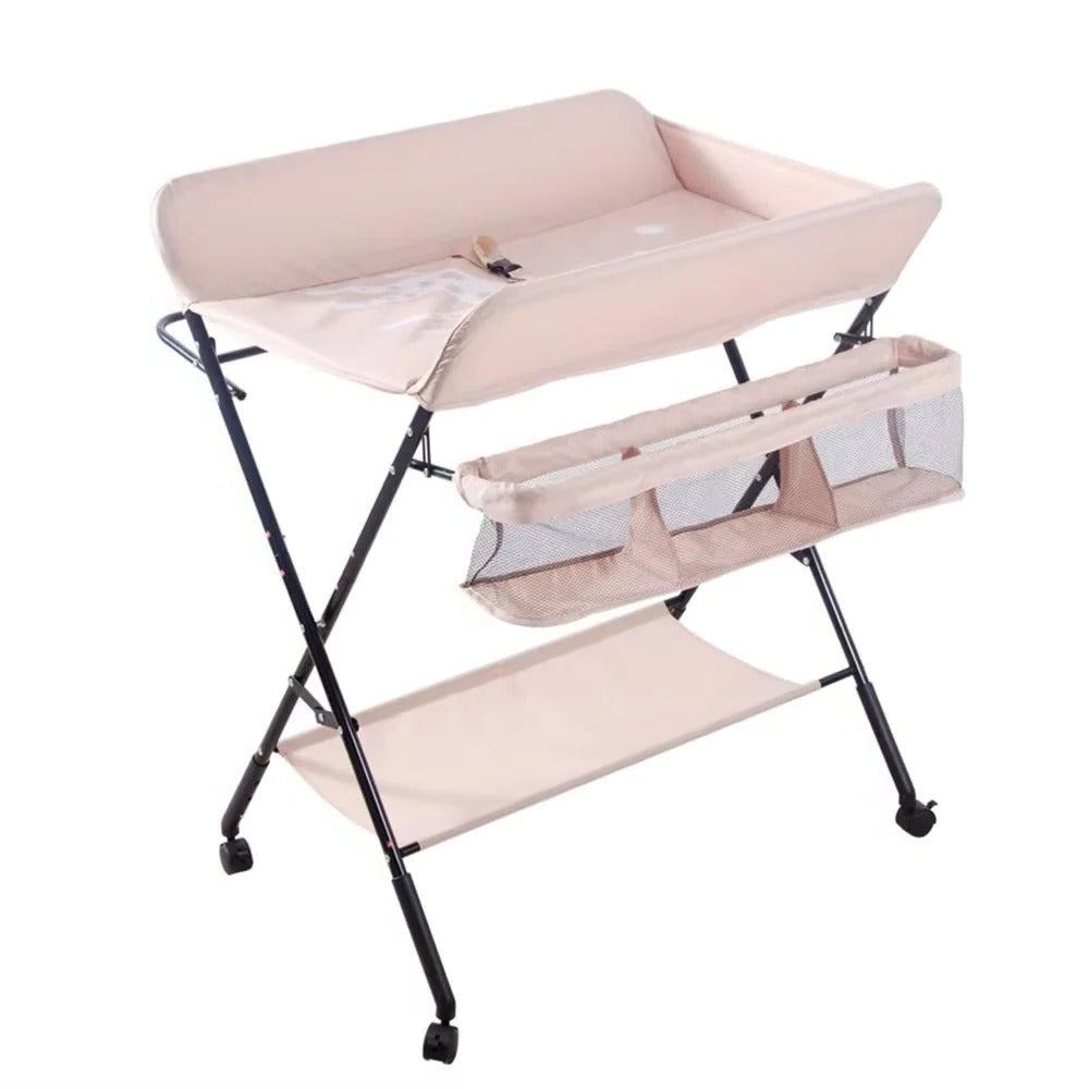 Compact changing table with height adjustment and integrated bath