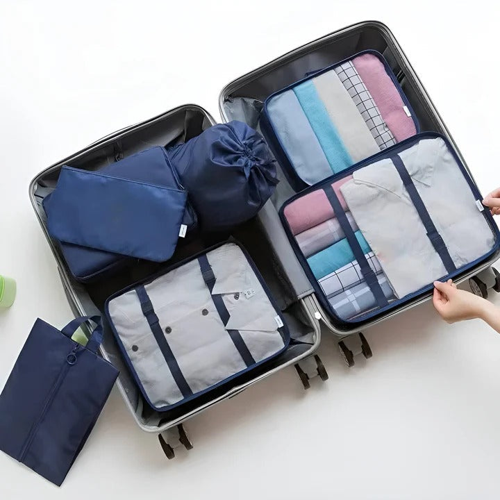 Travel organizing set of 7 bags with mesh windows