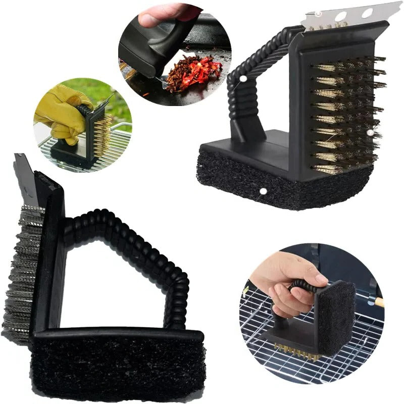 Versatile 3-in-1 Grill Cleaning Brush with Sponge and Scraper