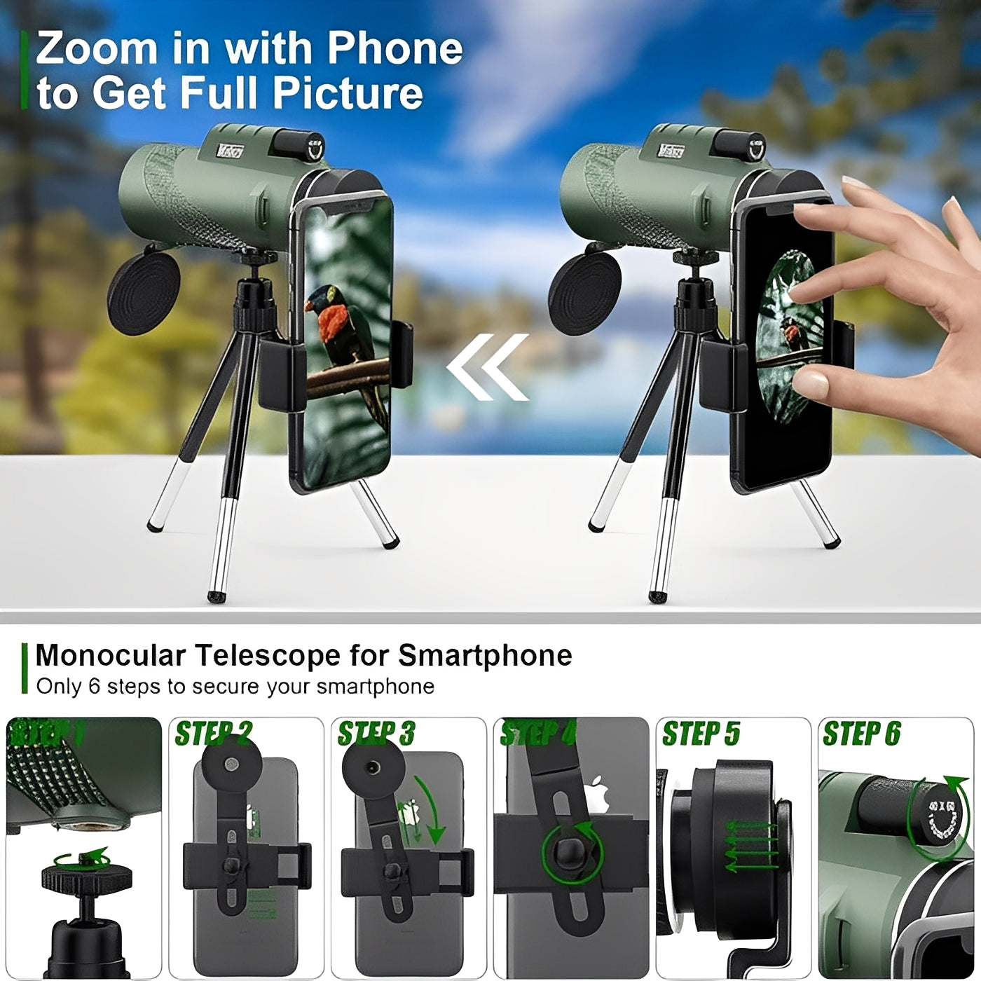 Compact telescope with zoom function for outdoor observations
