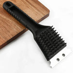 Grill cleaning brush with stainless steel bristles and scraper