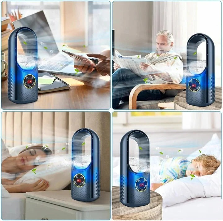 Compact bladeless fan with USB connection and 100 ml water tank