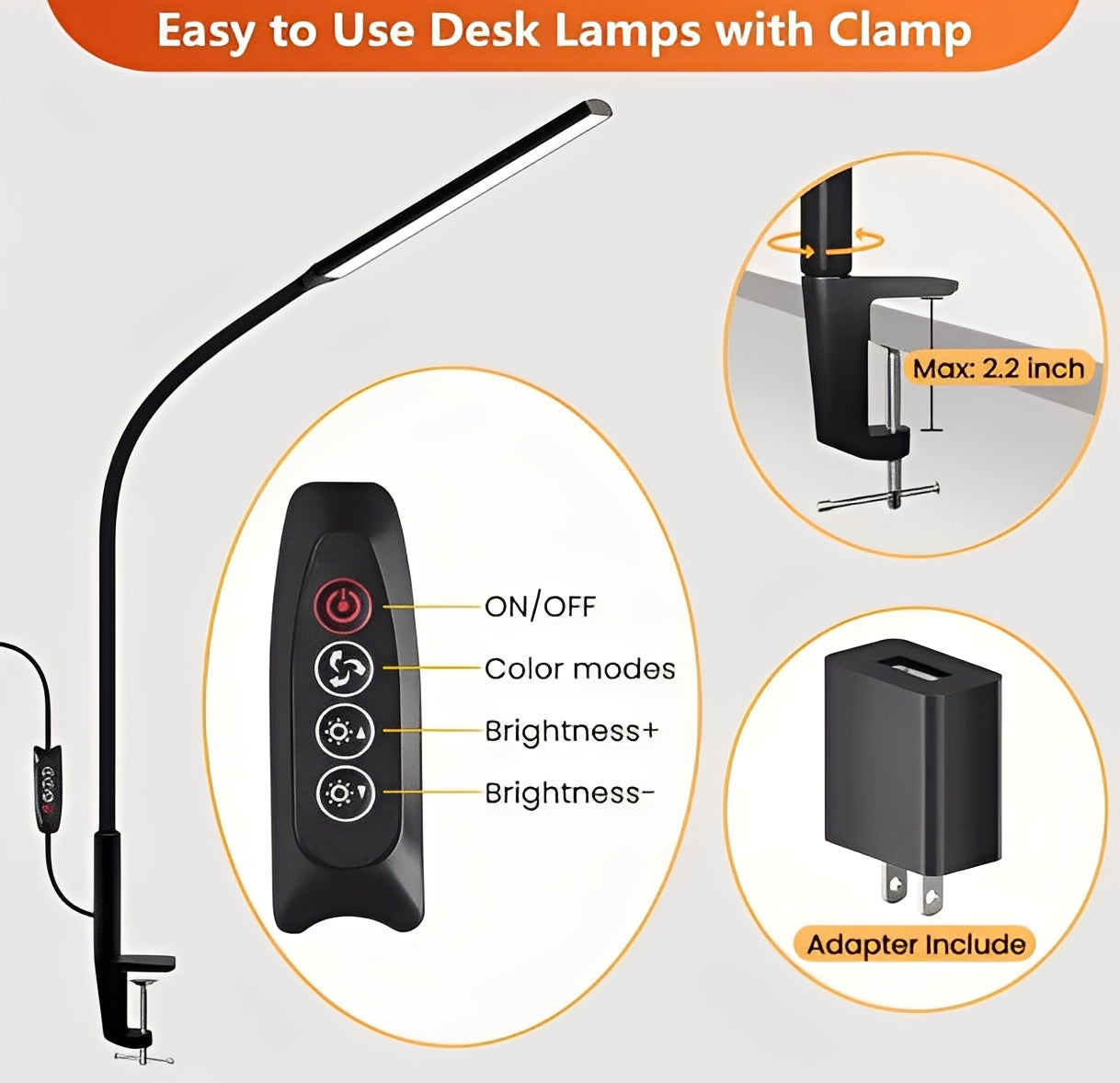 Adjustable LED Desk Lamp with Clamp Base and 3 Light Modes